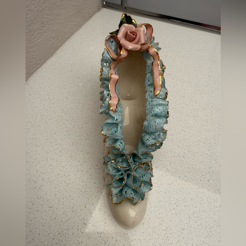 Vintage Porcelain Decorative Shoe Slipper Pink Roses Hobnail Mid-Century 50s - Picture 6 of 17